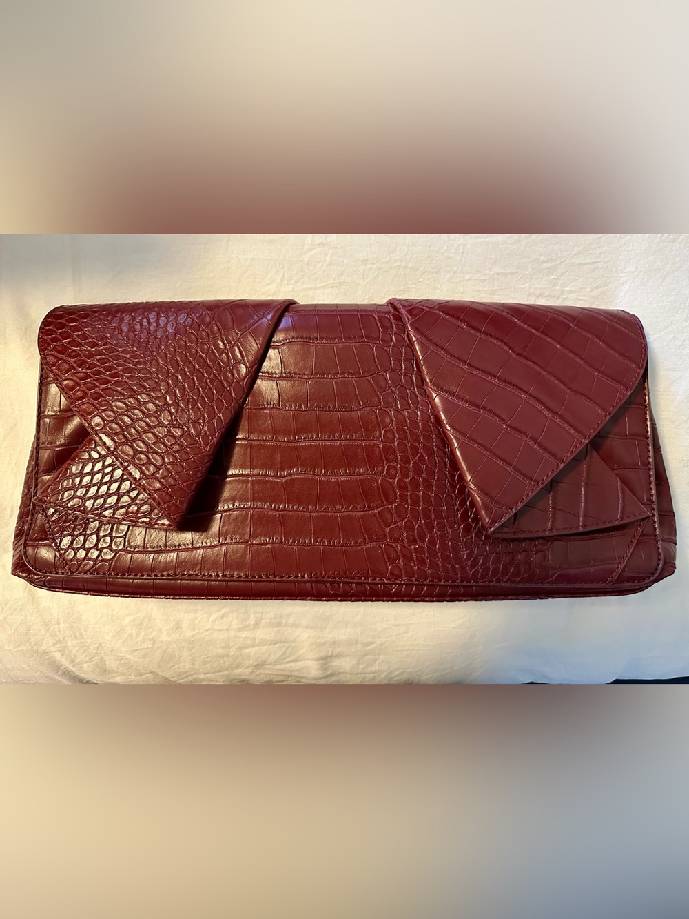 Bebe Croc-Embossed Faux Leather Large Burgundy Clutch Bag